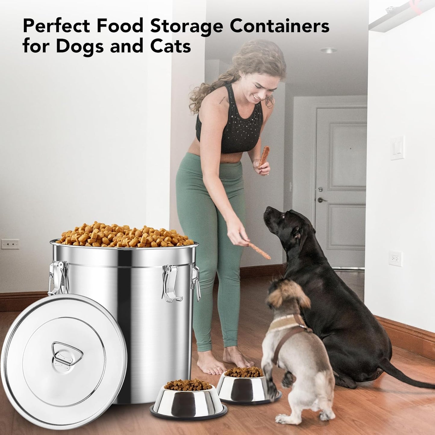 Dog Food Storage Containers, Large Stainless Steel Pet Food Storage Containers 20 lb / 9 kg to Keep Fresh, Metal Airtight Cat Food Containers With Scoop and 2 Small Containers
