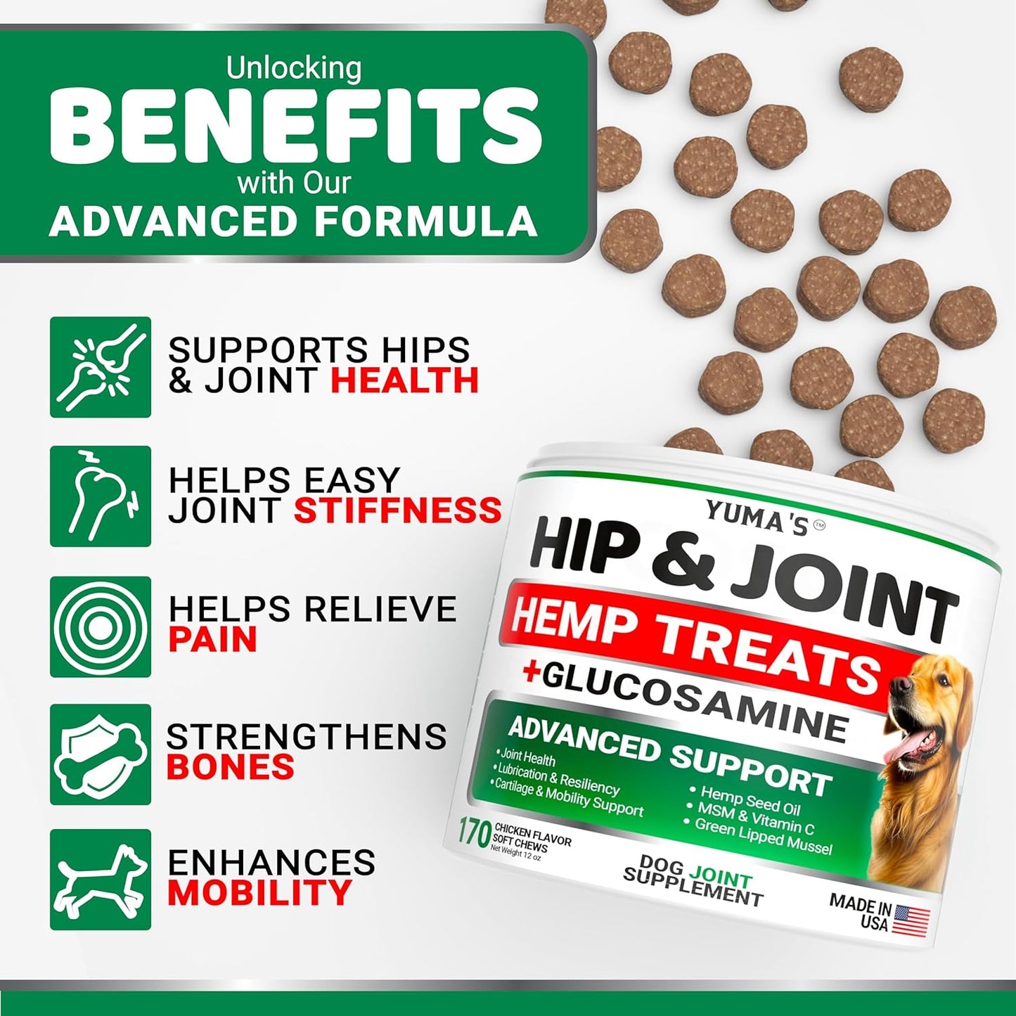YUMA'S Hemp Hip and Joint Supplement for Dogs - Glucosamine for Dogs - 170 Joint Pain Relief Chews - Chondroitin, MSM - Hemp Oil - Advanced Canine Health Supplement - Mobility Support Treats