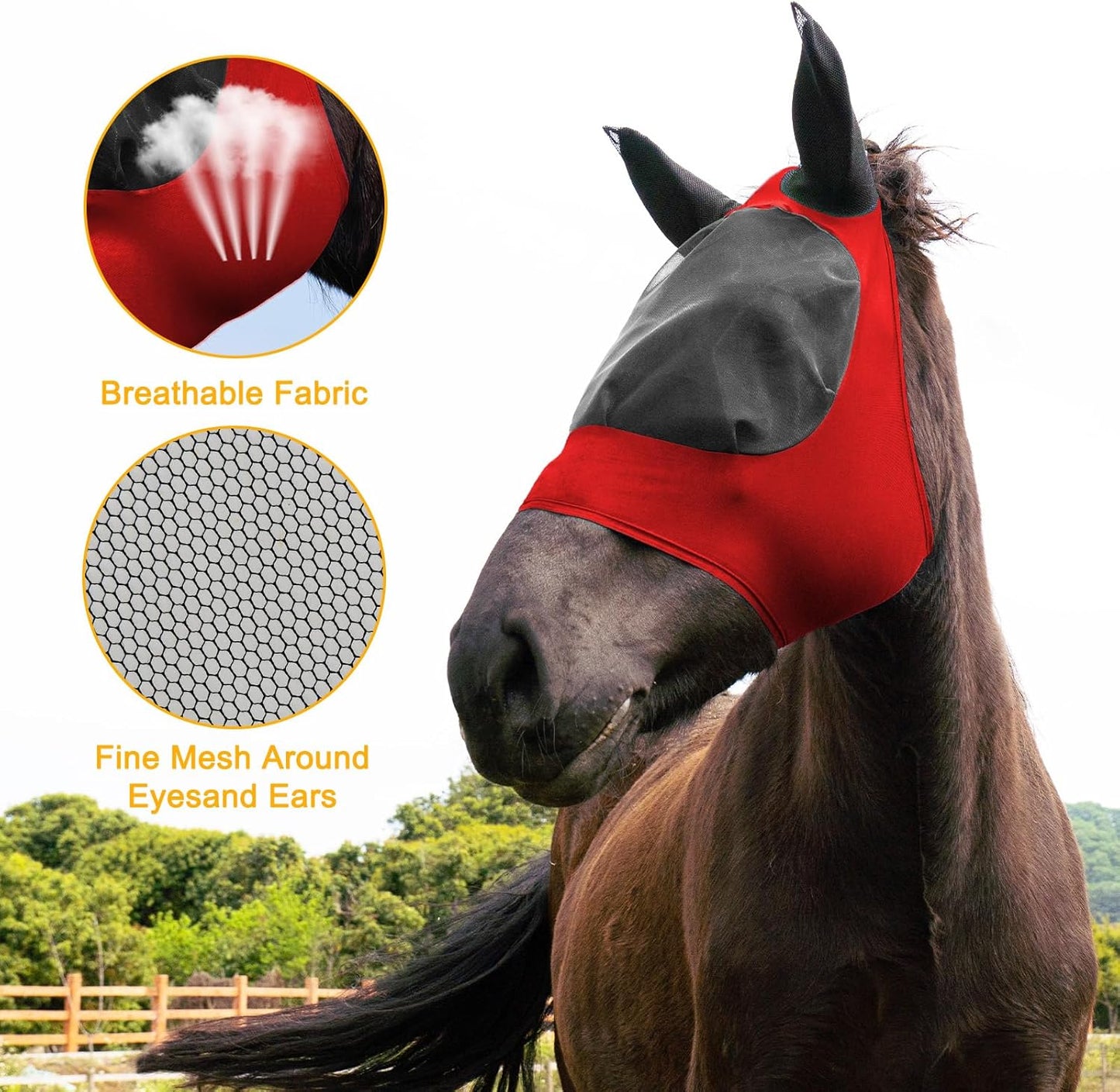 2 Piece Horse Fly Mask with Ears, Comfortable Fit Stretch Fabric Big Eye Space Soft Breathable with UV Protection for Full Horses (Red-Blue)