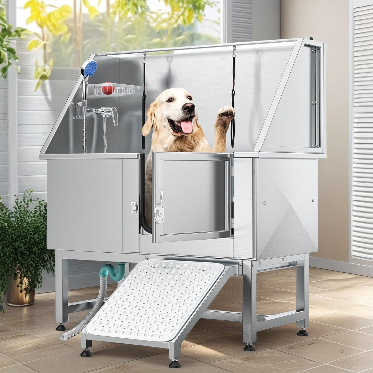 YITAHOME Dog Grooming Bathtub, Professional Stainless Steel 304 Dog Bathing Station w/Right Ramp, Faucet, Floor Grate, 50in Pet Washing Station for Large, Medium, Small Pets