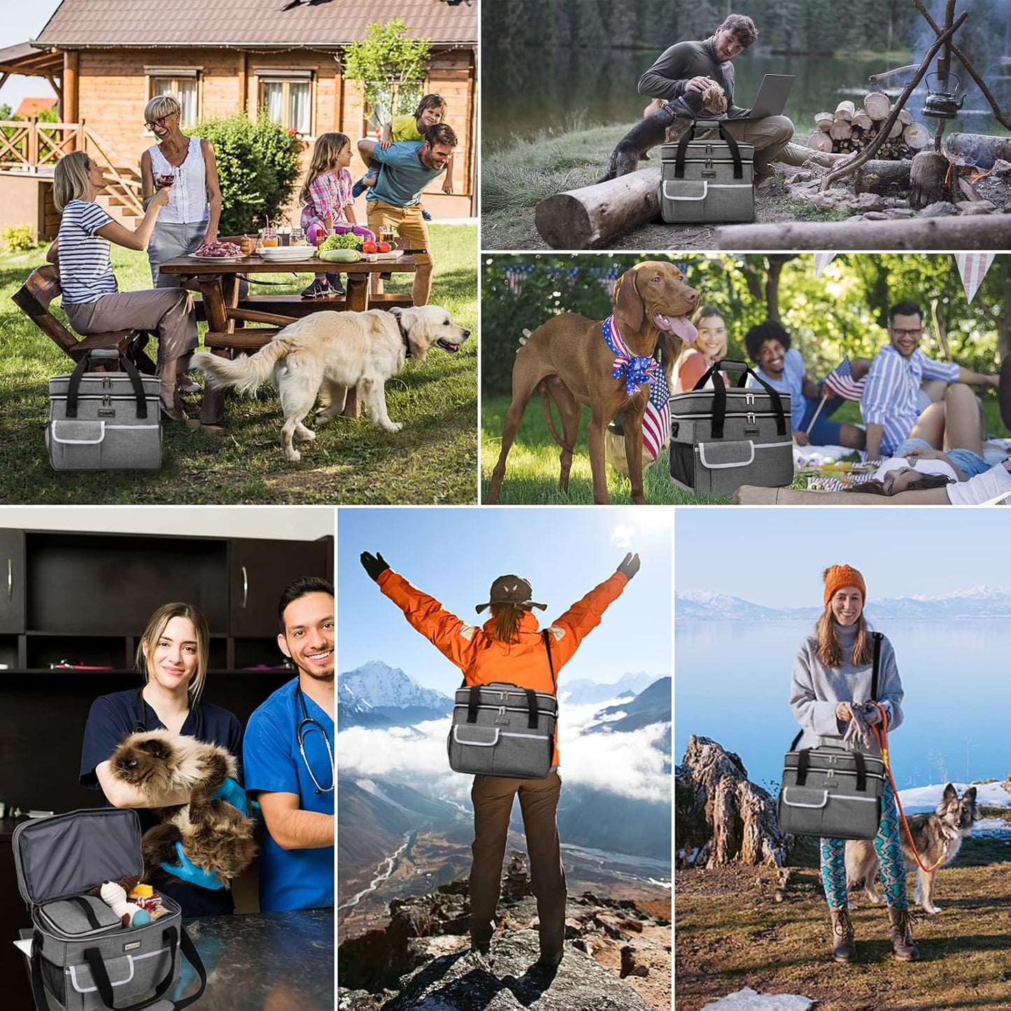 BAGLHER Dog Travel Bag for Supplies - Double-Layer Airline Approved Weekend Pet Travel Organizer Set for Dog and Cat Tote with 2 Pet Food Containers and 2 Collapsible Silicone Bowls Grey