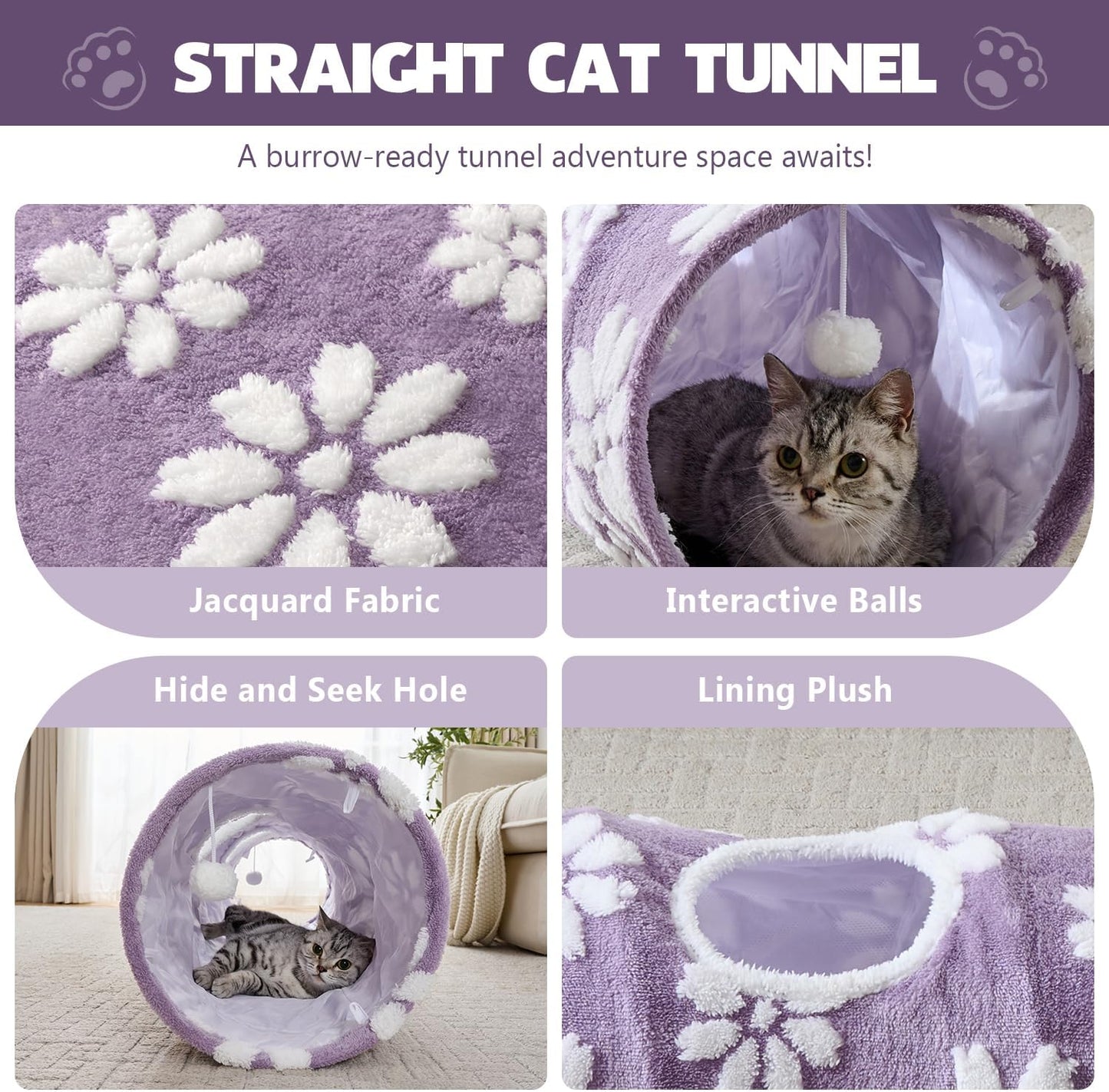 Straight Cat Tunnel for Indoor Cats 47"x12", Cute Cat Toys Collapsible Tunnel Tube with Balls for Puppy Kitten Rabbit, Purple Flower