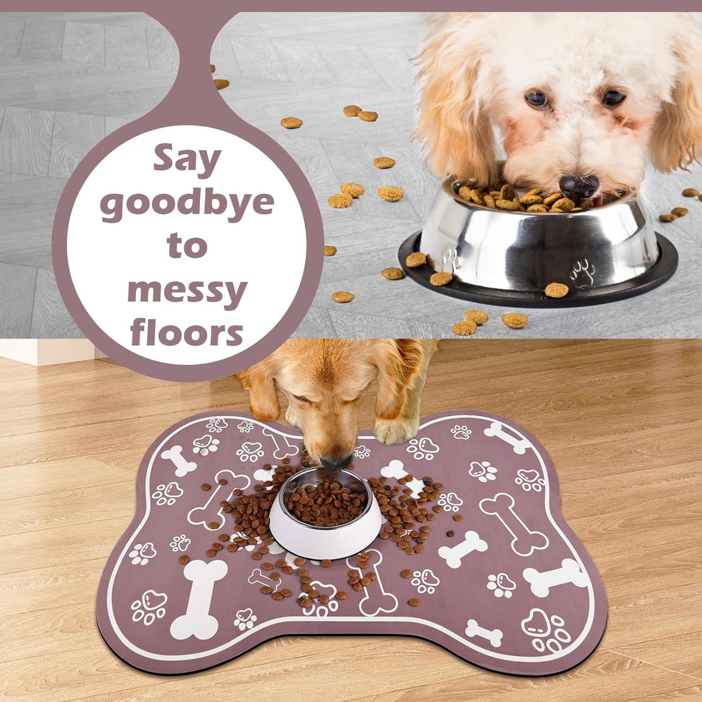 Dog Cat Mat for Food and Water,Rapid Absorbent Pet Feeding Mat, Bone Shaped Dog Placemat Bowl Mat with Rubber Backing,No Stains Pet Food Mats Indoor, Pet Accessories Supplies,Brown 12"×18"
