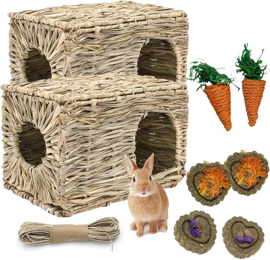 kathson 2 Pcs Large Rabbit Grass House Natural Foldable Hand Woven Seagrass Bed Carrot Hay Toy Hut Safe Comfortable Playhouse with Bunny Chew Toys for Bunny Hamster Guinea Pig Chinchilla Ferret