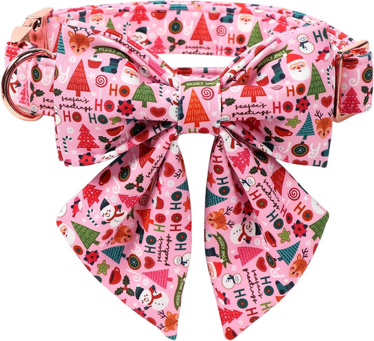 Lionet Paws Christmas Dog Collar with Sailor Bow, Cute Ho Christmas Tree Snowman Pink Dog Collar Bow Tie for Large Dogs, Neck 16-24 inches