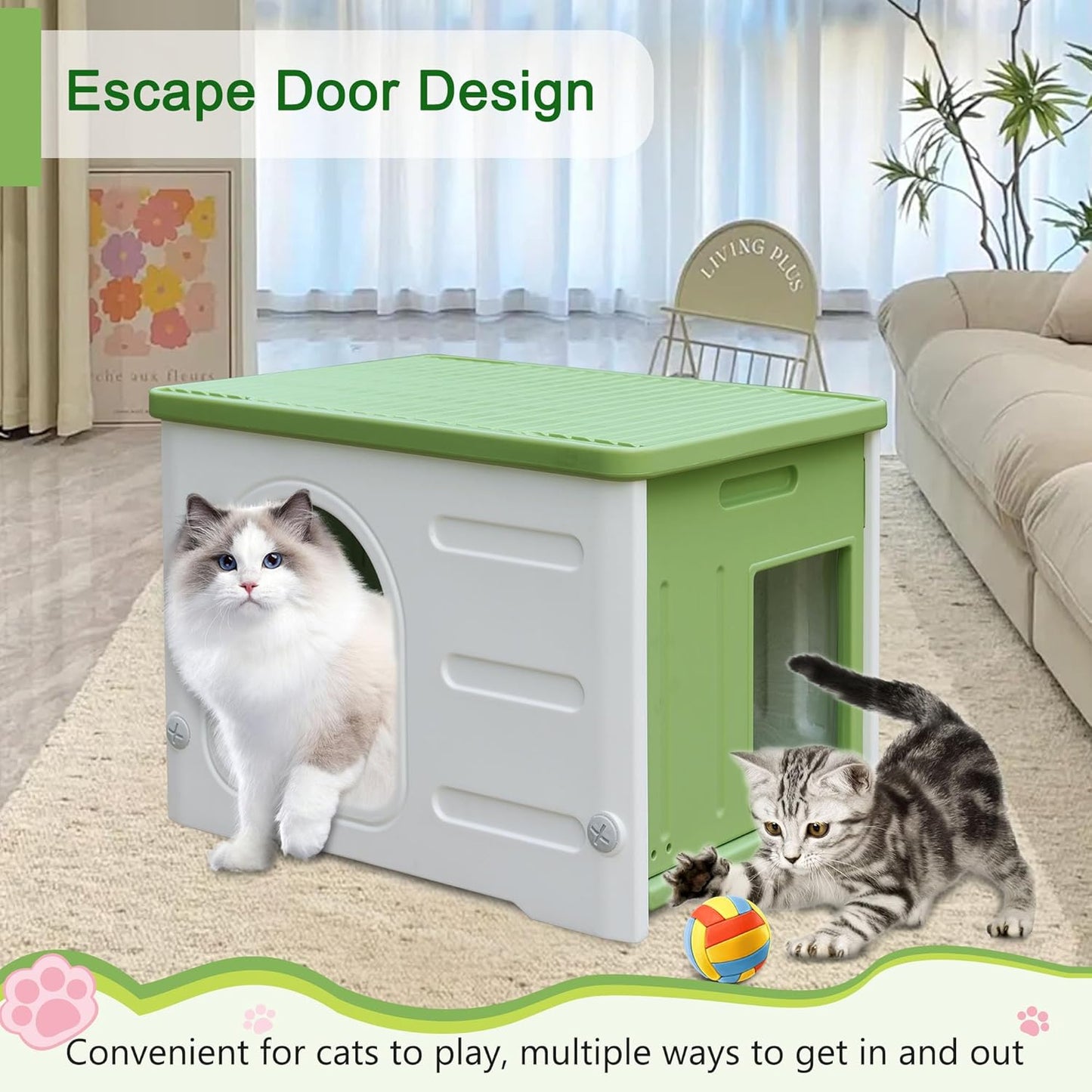 Rockever Plastic Cat House Outdoor with Escape Door, Waterproof Feral Cat House Outdoor Indoor, Sturdy Cat House for Outdoor Cats with Cat Bed Mat, Assemble Easily-Green