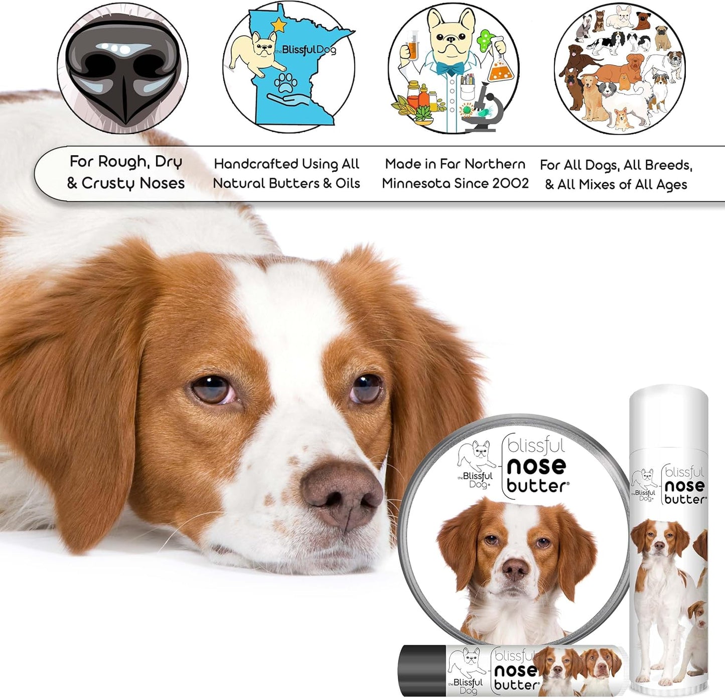 The Blissful Dog Brittany Spaniel Nose Butter for Dry, Cracked Skin, Lick-Safe Dog Nose Balm with Moisturizing Shea Butter, Almond, Olive, and Essential Oils, Pet Supplies, Uncented, 2 oz.