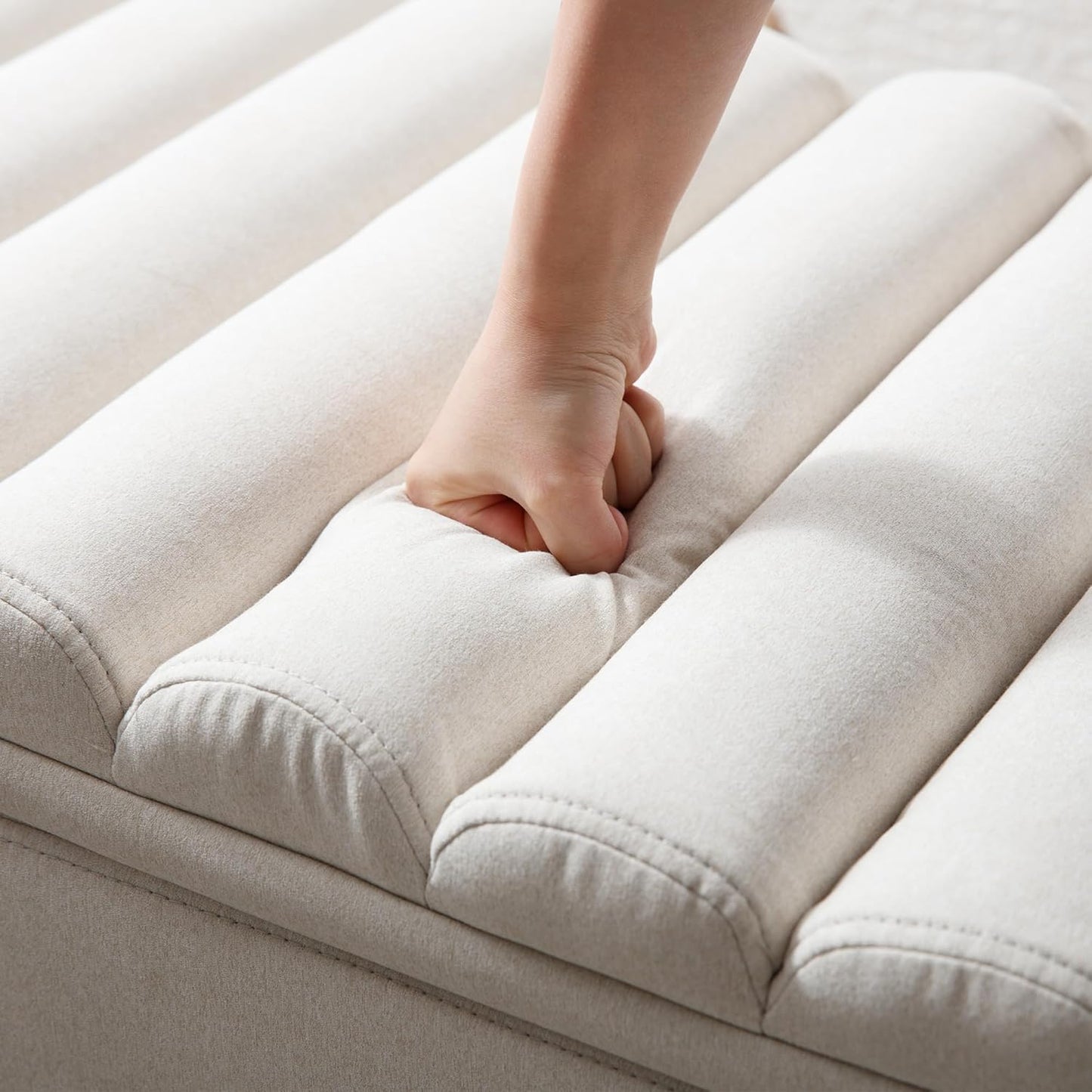 Wavy Ottoman Storage Bench Multi-Functional Narrow Entryway Bench Elegant End of Bed Bench with Storage and Safty Hinge for Living Room Entryway Hallway Bedroom Boutique, Beige