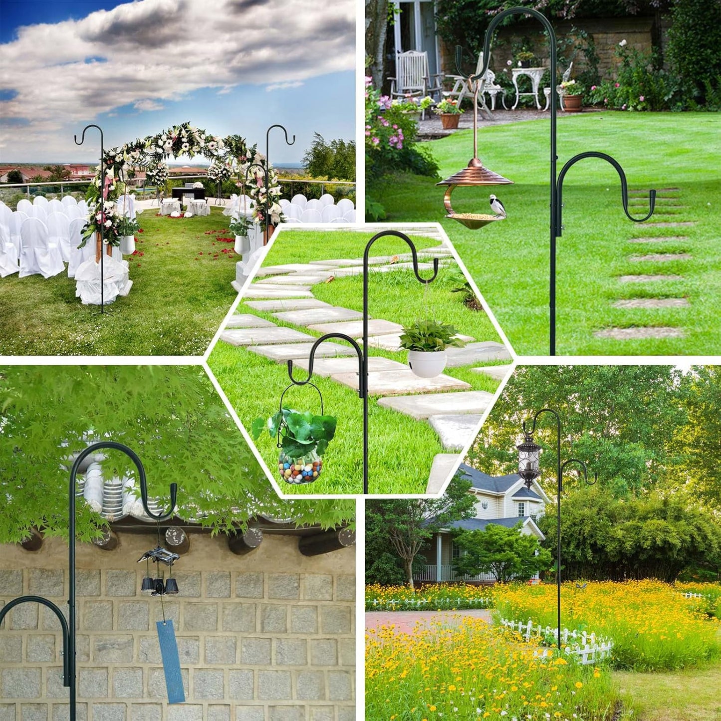 MIPON 78 Inch Double Shepherds Hooks for Outdoor Bird Feeder,Hanging Plants,Solar Light,Adjustable 78/62/46/30 Inch,3/4 Inch Width Garden Shepards Hook