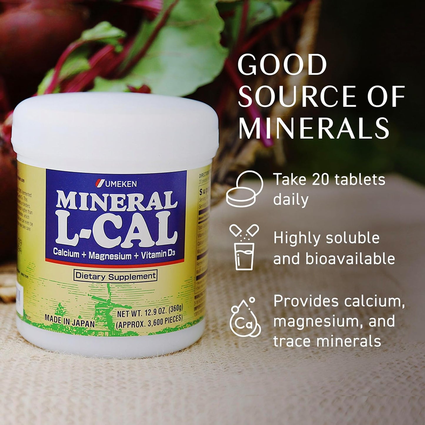 Umeken Mineral L-Cal Calcium with Vitamin D3, 6 Month Supply, Water Soluble Ball Format with Magnesium & Minerals, Fast Absorbing Calcium Magnesium D3 Supplement, 3,600 Balls, 360g, Pack of 1