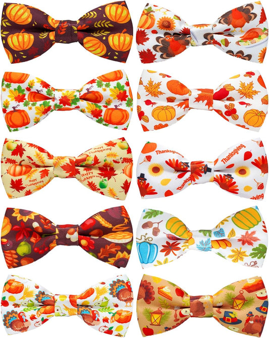 PET SHOW 10 Pack Thanksgiving Small Dog Bow Ties Sliding Collar Attachments Puppy Cats Pumpkin Turkey Patterns Bowties for Medium Dogs Fall Bowknots Party Holiday Pet Grooming Accessories(Small)