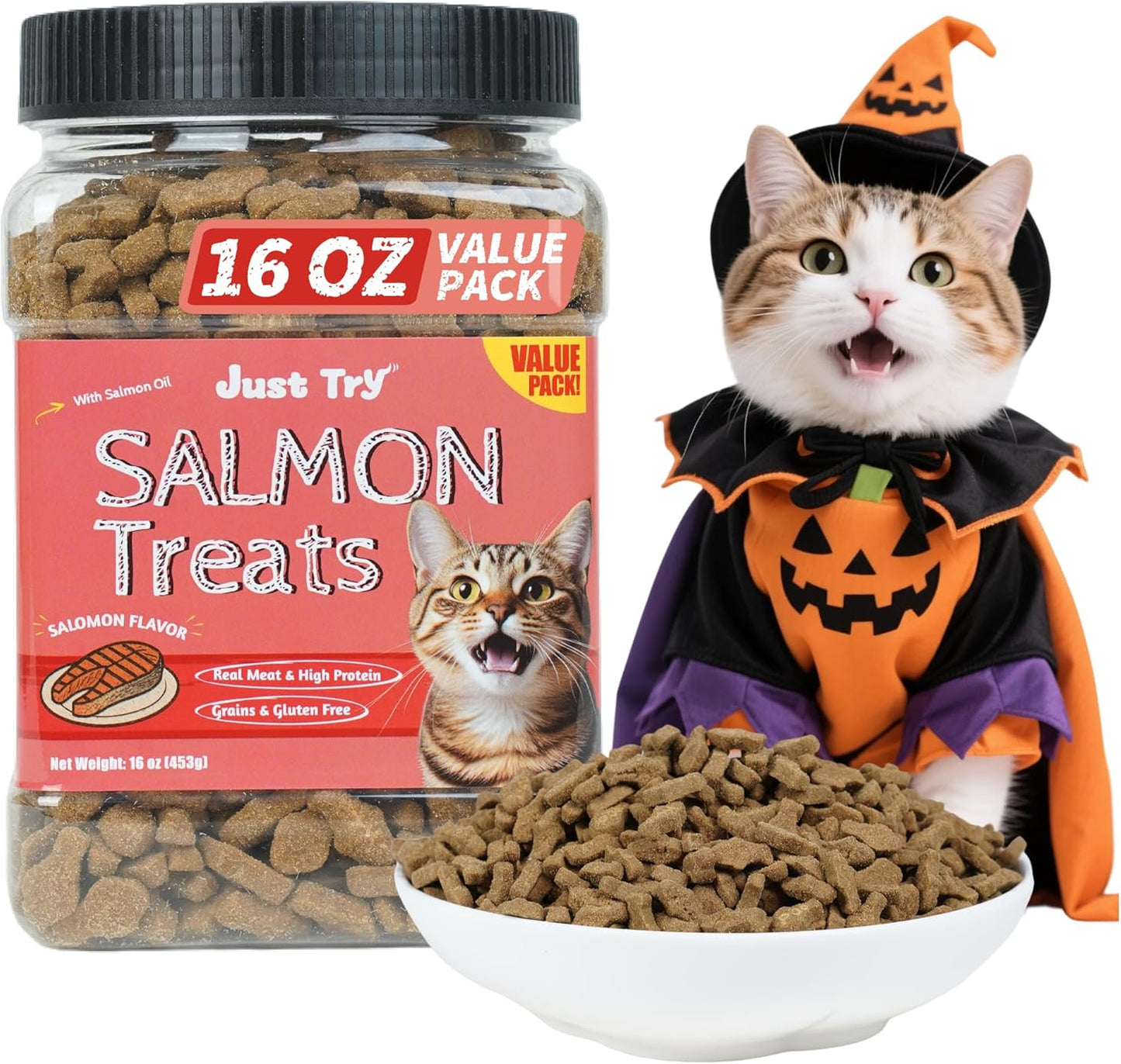 Just Try 16 OZ Salmon Cat Treats for Indoor Cats, Crunchy Training Treats Dental Care Omega 3 for Cats Joint Support & Skin Coat Health