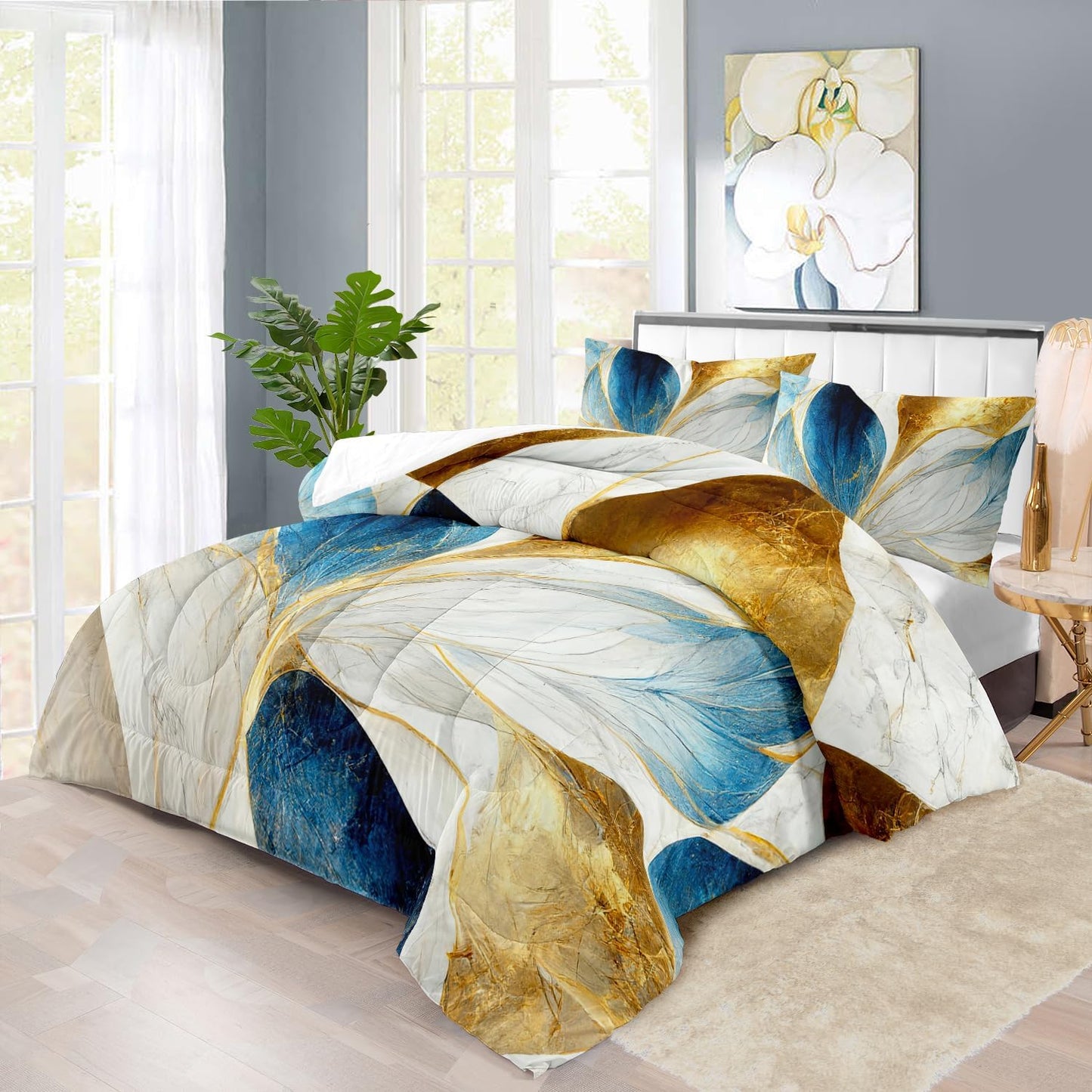 Vintage Floral Comforter Set Queen Size Women,Marble Flower Bedding Set Queen,Marble Blue Flower Bed Comforter,Blue and Gold Floral Quilt Bedroom Decor for Kids and Adults