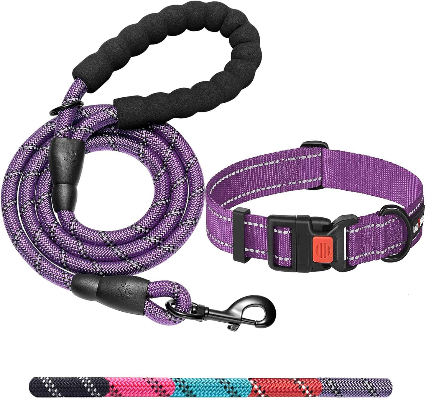 Heavy Duty Dog Leash - Comfortable Padded Handle, 5 ft Long - Dog Leashes for Small Medium Large Dogs (Leash+Collar S Neck 13.5"-16", Purple)