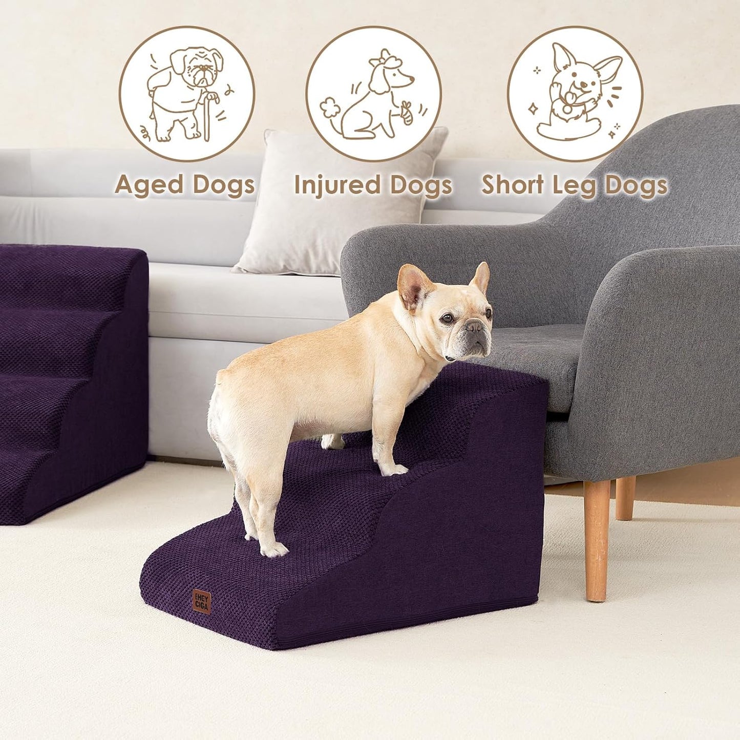 EHEYCIGA Curved Dog Stairs Ramp for Small Dogs 15.7" H, 3-Step Dog Steps for Couch Sofa and Chair, Pet Stairs for Cats, Non-Slip Balanced Pet Steps Indoor, Purple