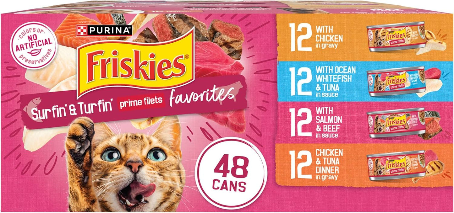 Purina Friskies Gravy Wet Cat Food Variety Pack, Surfin’ and Turfin’ Prime Filets Favorites - 48 ct. Can