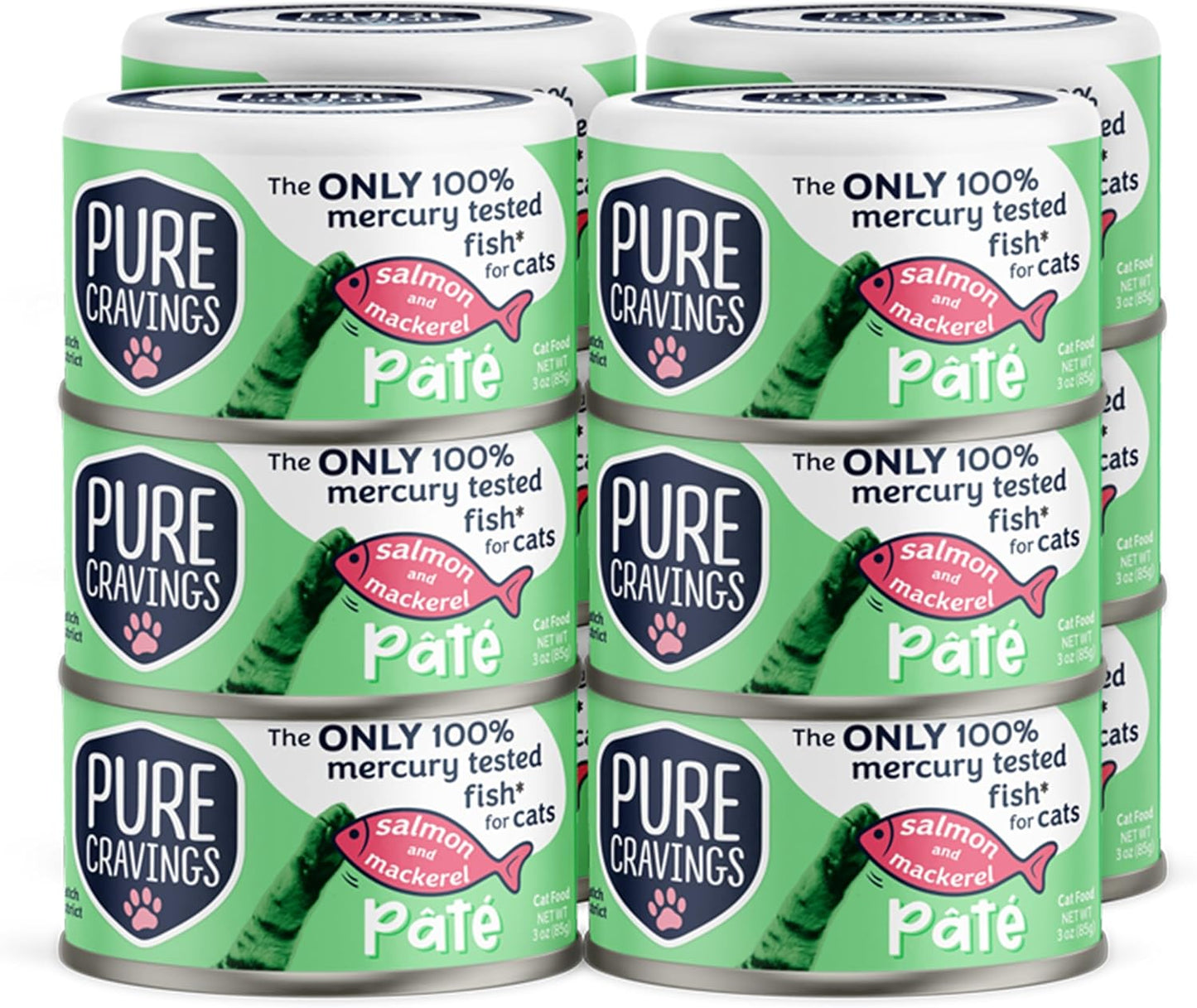 Salmon and Mackerel Pate, Canned Wet Cat Food, 100% Mercury-Tested, Moist Can Fish, Grain-Free Protein, Non-GMO, 12 Pack