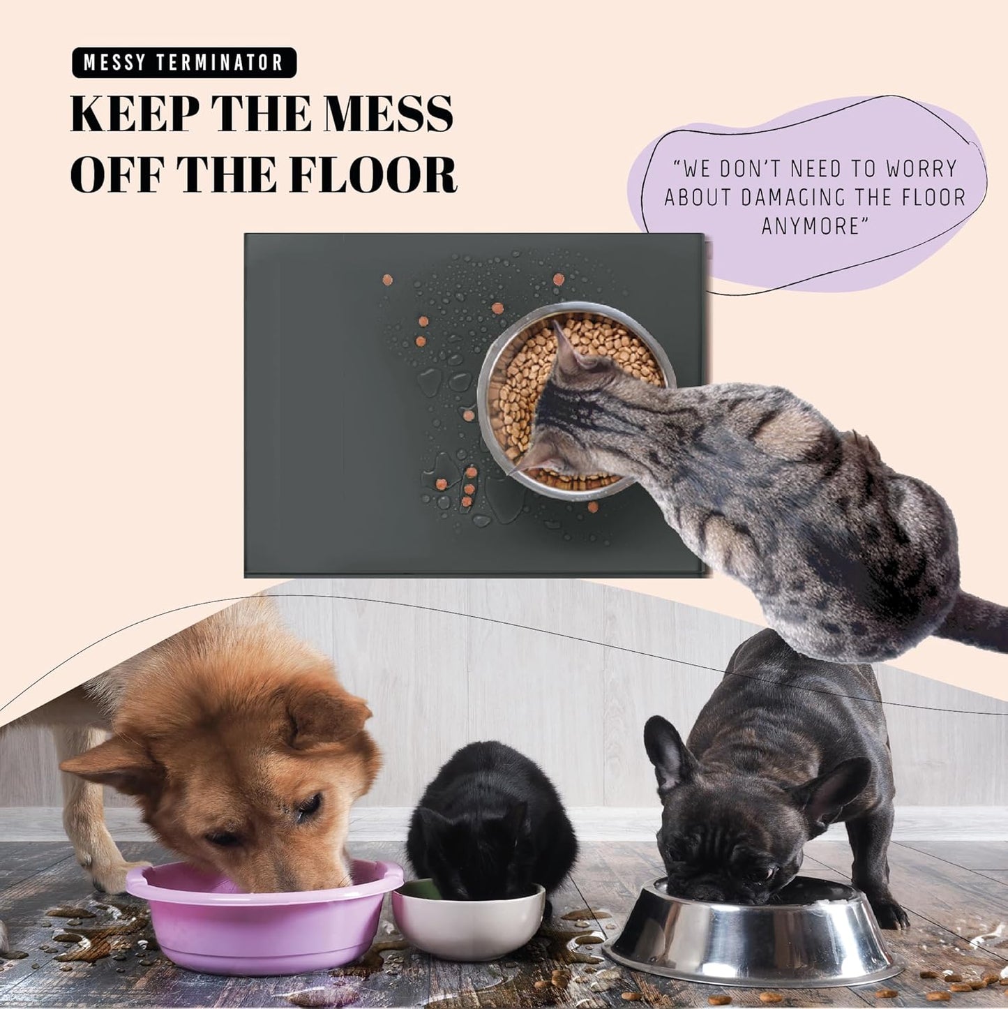 AVERYDAY 18x10'' Silicone Dog Mat for Food and Water, 0.63'' Edge Dog Food Bowl Mats for Floor Waterproof, Dogs Water Mat for Sloppy Drinker, Non Slip Rubber Pet Feeding Mats for Indoor Dogs and Cats