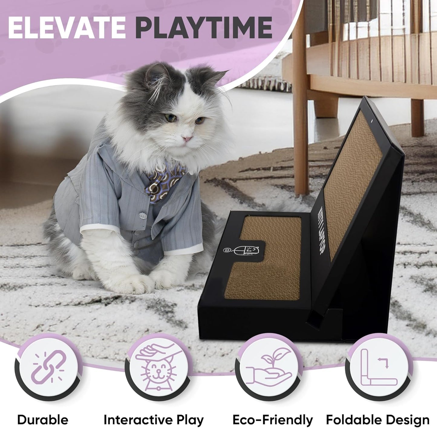 Toy Cat Laptop with 2 Scratchboards + Catnip Mouse Toy for Cats + 50pack Cat Sticker - Interactive Eco-Friendly Cat Computer with Scratch Pad Laptop for Cats - Mini Cat Laptop