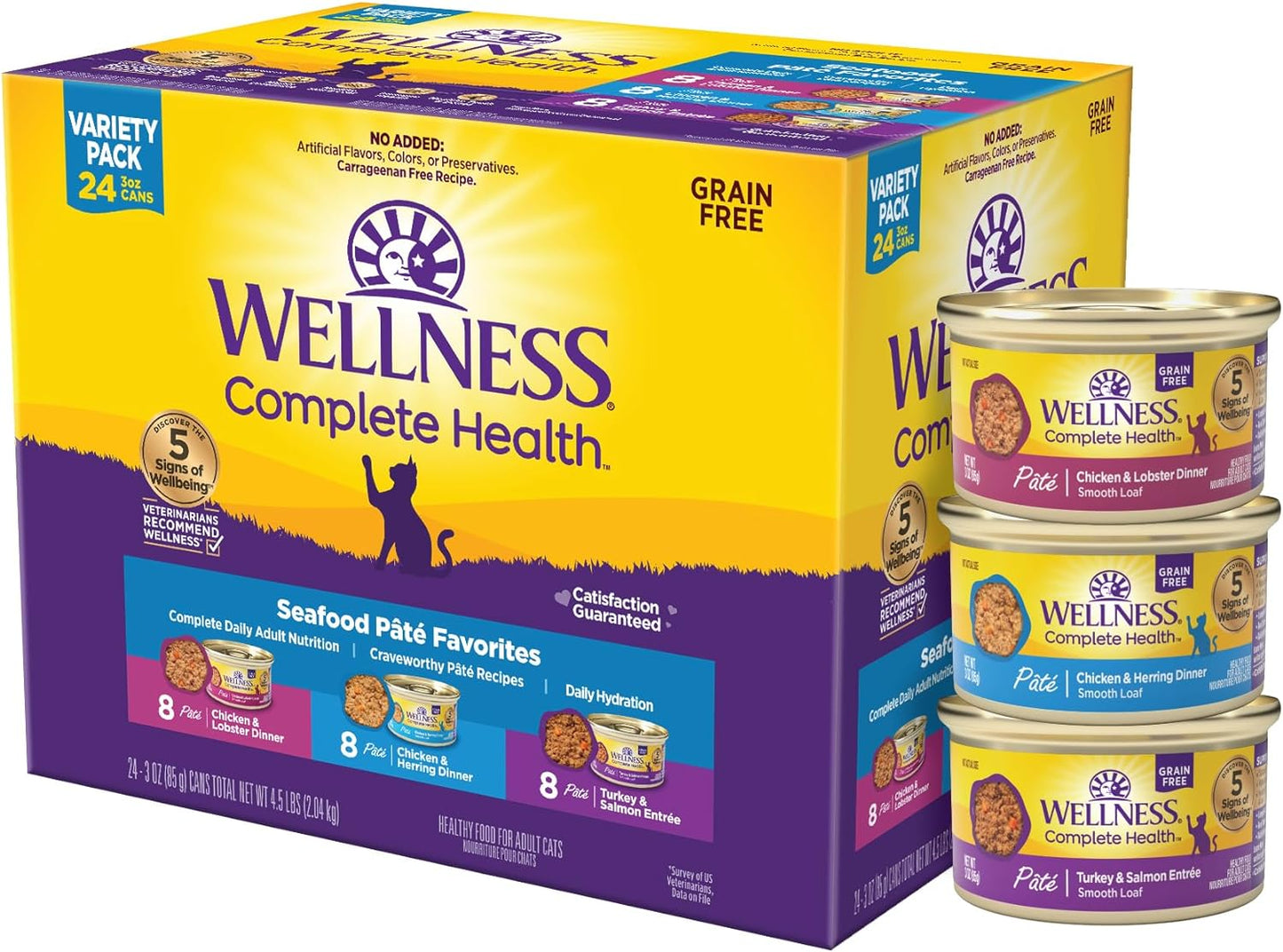 Wellness Complete Health Pate Adult Wet Cat Food, Natural, Protein-Rich, Grain-Free, 3 Ounce, 24 Pack, (Seafood Favorites Variety Pack)
