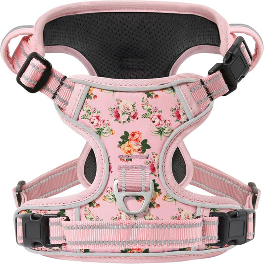 Timos No Pull Dog Harness,NO Need Go Over Dogs Head 3 Snap Buckles Reflective Oxford No Choke Harness with Front & Back 2 Metal Leash Clips Soft Padded for Small Medium Large Dogs Pink S