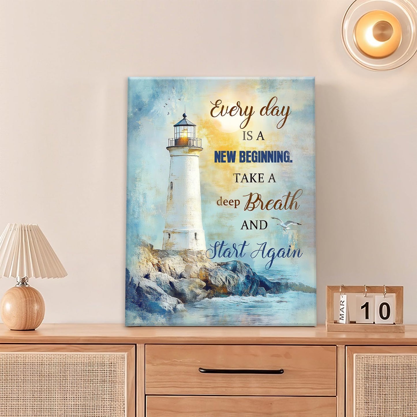 Ocean Lighthouse Pictures Wall Art, Coastal Nautical Bathroom Wall Decor Every Day is a New Beginning Motivational Quote Framed Painting Canvas Artwork for Bedroom Living Room Decorations 16"L x 12"W