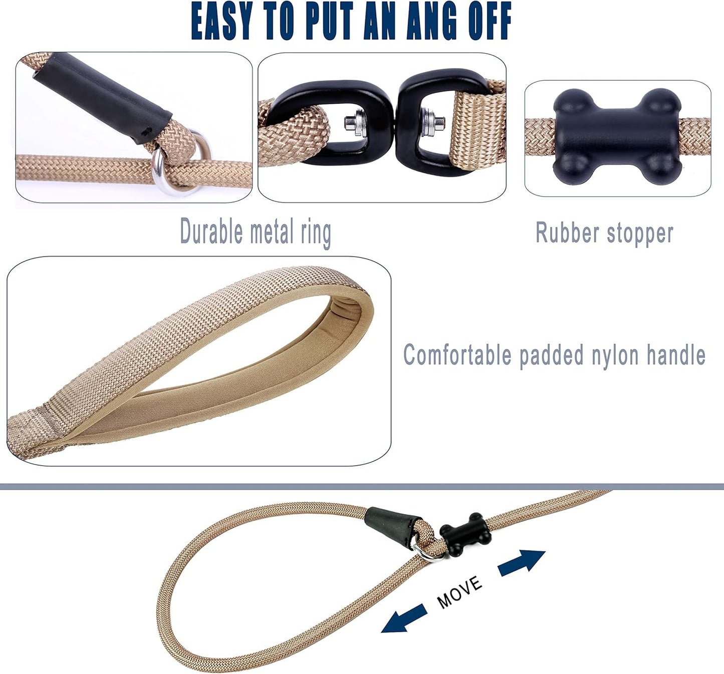 Slip Lead Dog Leash，Strong Nylon Rope Leash and Padded Handle,No Pull Outdoor Walking Training Lead for Small Medium Large Dogs(Light Military Tan, 1/2"×6ft)