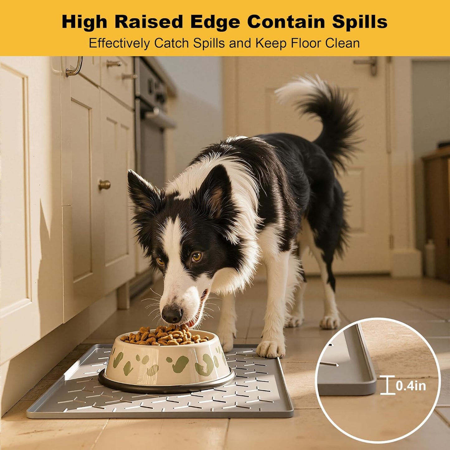 Pieviev Dog Cat Food Bowl Mat, Silicone Waterproof Food Grade Pet Food Mat for Floor, High Raised Edge to Prevent Spills, Non-Slip & Easy Clean Pet Placemat for Dog & Cat Bowls, 24''x16'', Light Gray