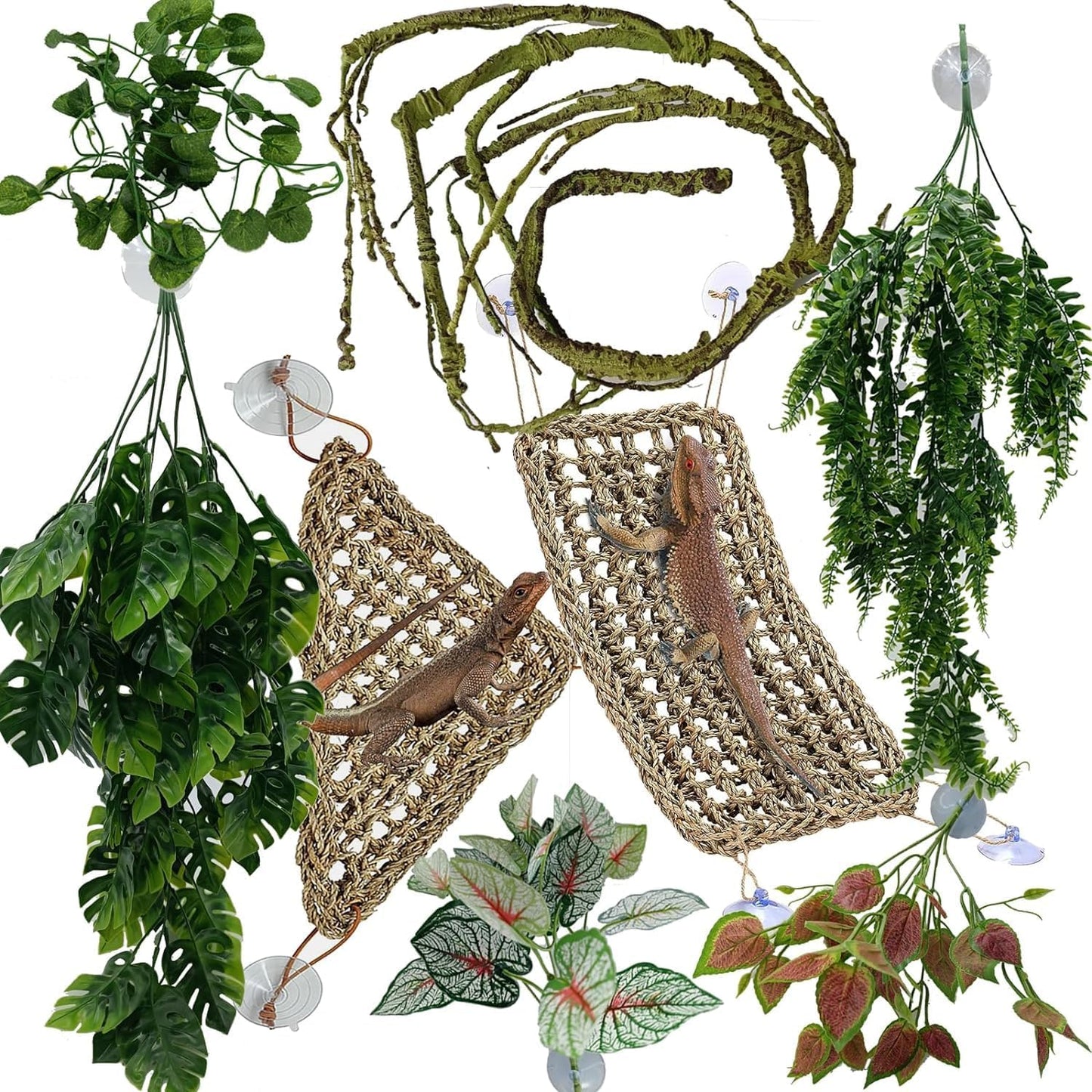 Reptile Plants for Bearded Dragon Tank Accessories, Terrarium Plant Artificial Decor for Snake Cage, Fake Plant for Leopard Gecko Habitat, Lizard Chameleon Ball Pythons (Group GN)