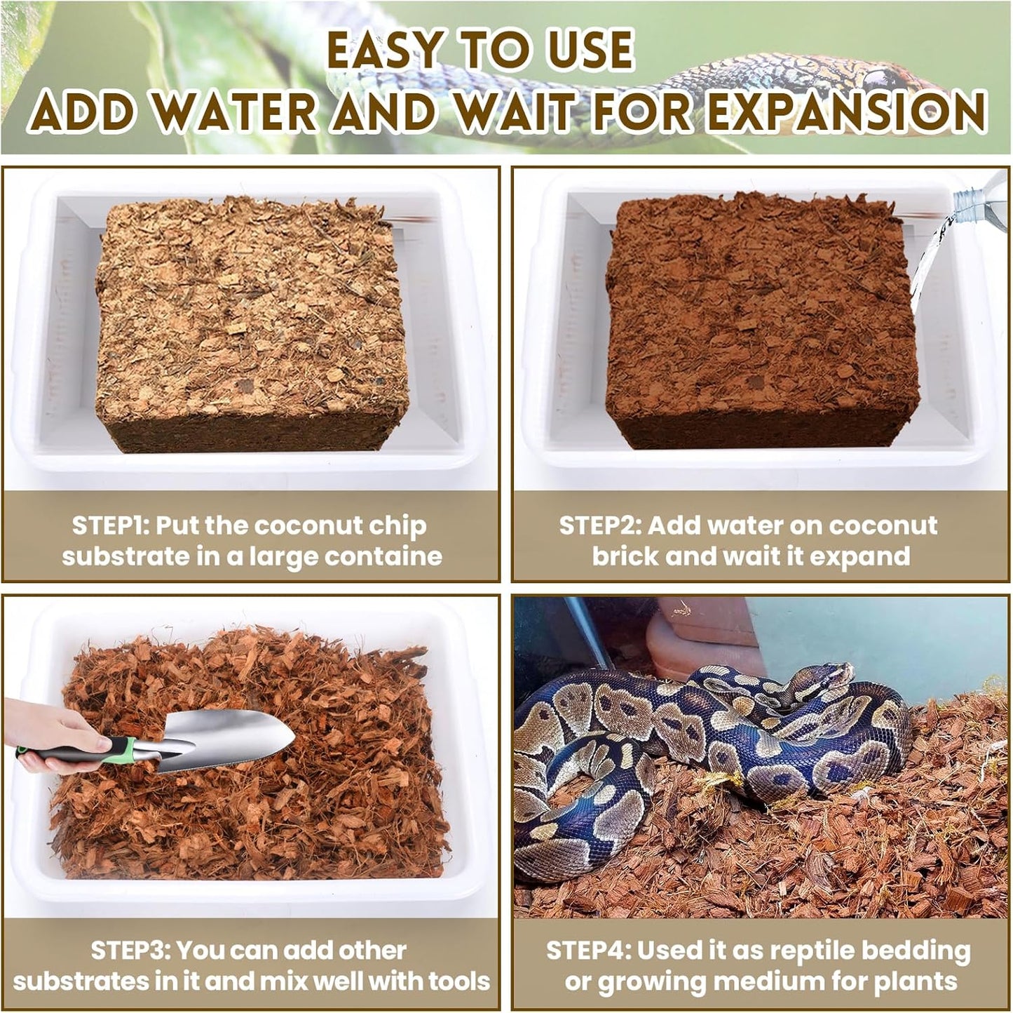 Riare 8.8LB Coconut Chip Substrate for Reptiles, 60 Quart Coconut Fiber Substrate Coco Chips Substrate Coconut Husk Bedding for Snakes, Tortoises, Ball Python, Bearded Dragon, Geckos, Lizards, Frogs