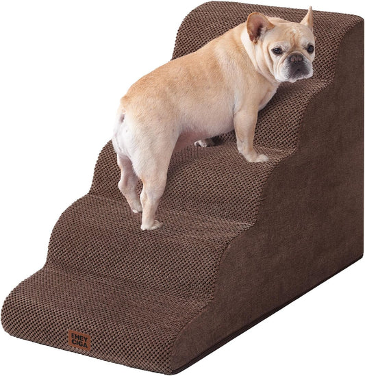 EHEYCIGA Curved Dog Stairs Ramp for High Beds, 5-Step Extra Wide Dog Steps for Small Dogs and Cats, Pet Stairs for High Bed Climbing, Non-Slip Balanced Pet Step Indoor, Brown