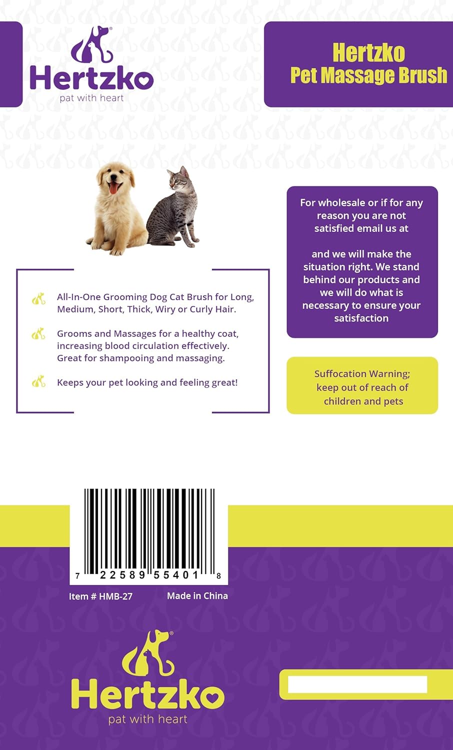 Hertzko Pet Bath & Massage Brush Great Grooming Comb for Shampooing and Massaging Dogs, Cats, Small Animals with Short or Long Hair - Soft Rubber Bristles Gently Removes Loose & Shed Fur