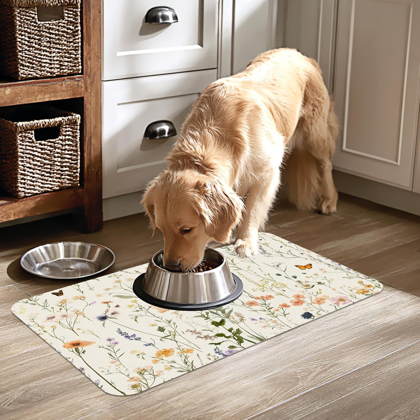 Vintage Wildflowers Herbs Pet Feeding Mat for Floors-Absorbent Dog Bowl Mat for Food and Water, Quick Dry Pet Cat Feeding Mats with Non Slip Bottom, Mess-Free Dog Accessories 16"x24"