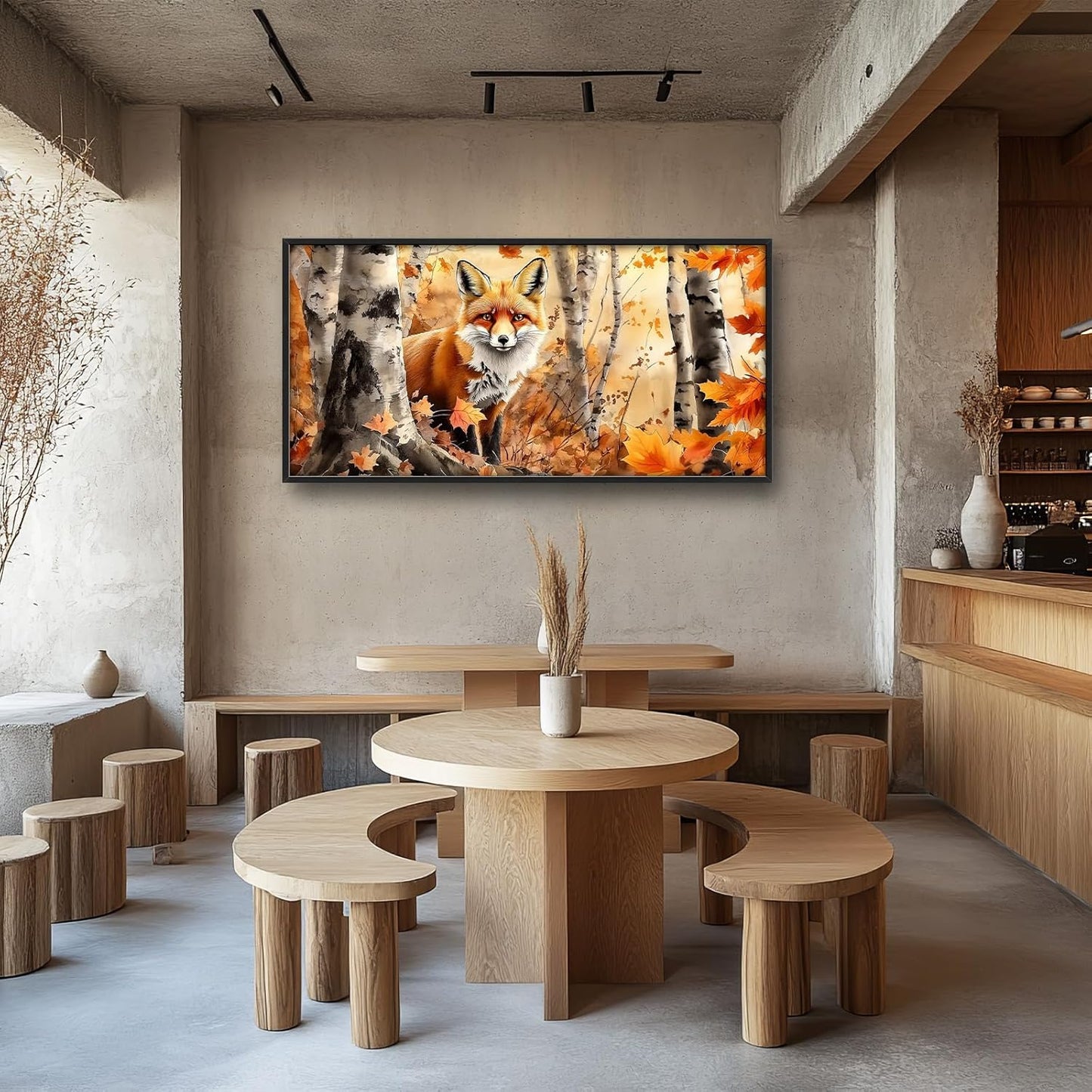 Large Fox Wall Art for Living Room, Framed Oversized Fall Autumn Forest Wall Decor Tree Maple Leaves Canvas Painting Modern Artwork for Living Room Bathroom Bedroom Office Dining Room 60"x30"