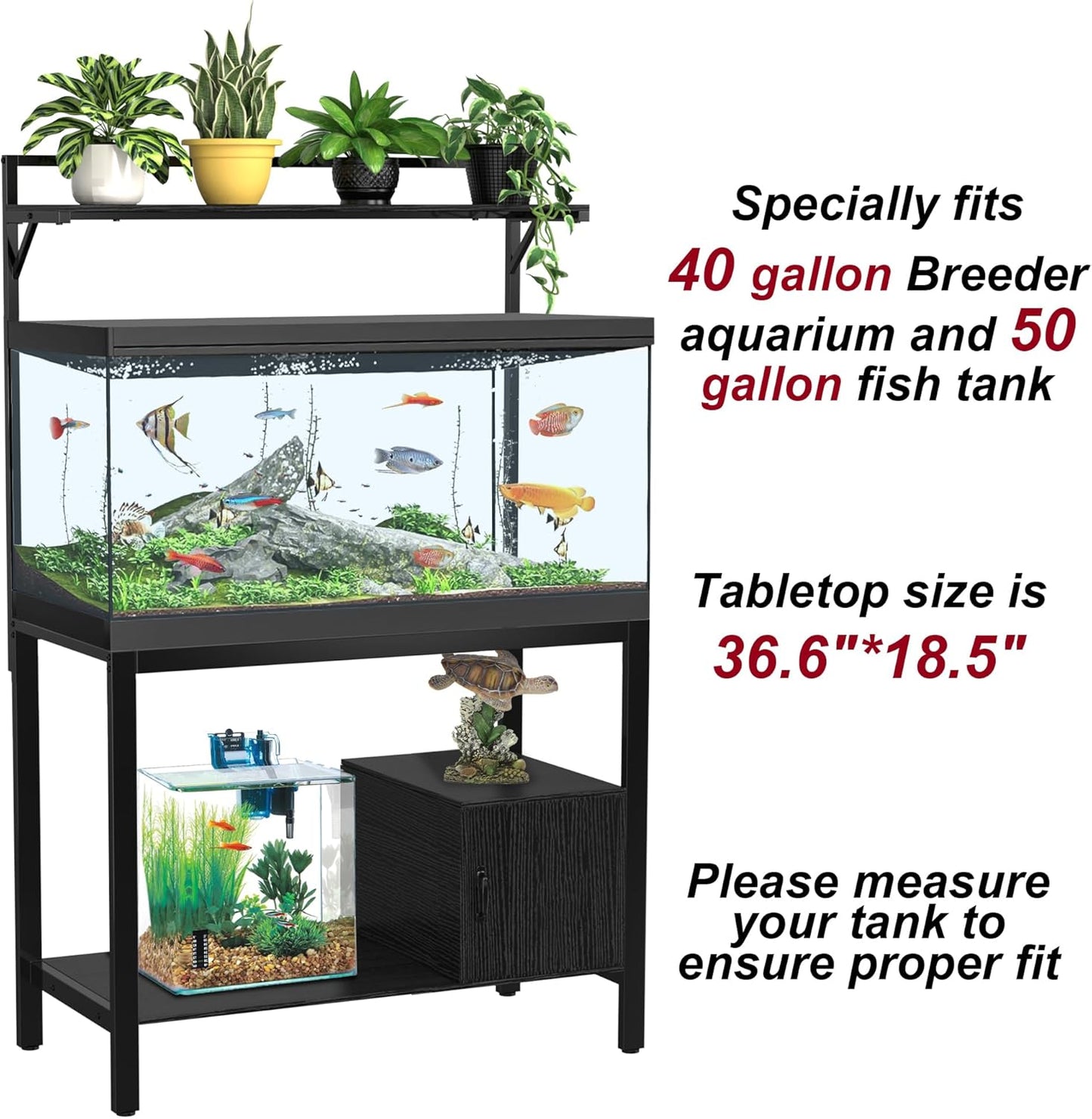 GDLF 40-50 Gallon Fish Tank Stand with Plant Shelf Metal Aquarium Stand with Cubby Storage 36.6" x 18.5" Tabletop fits Aquarium,Turtle Tank,or Reptile Terrariums