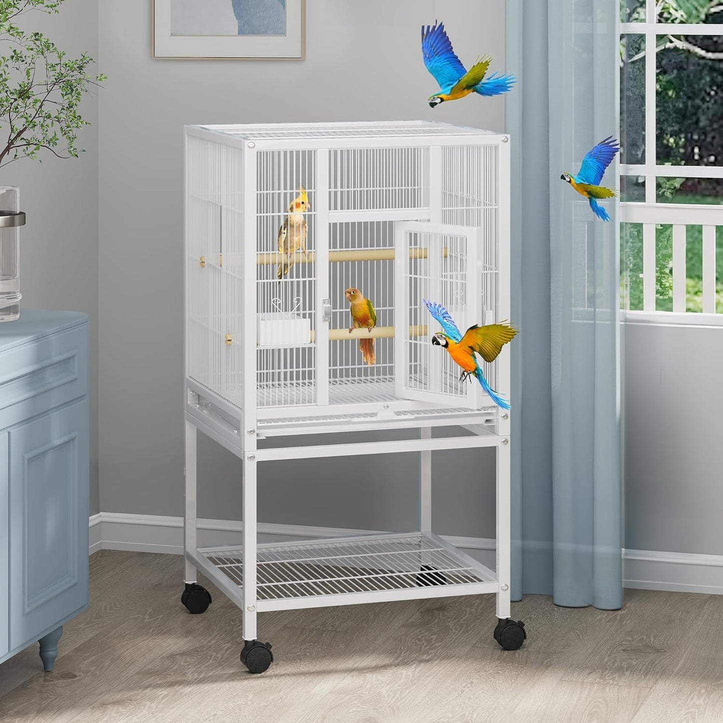YITAHOME 41 inches Metal Bird Cage for Parakeets: Large Parrot Cages with Tray, Food Boxes, and Wooden Perches with Rolling Stand & Brakes for Lovebirds Cockatiels Pigeon Finches, White