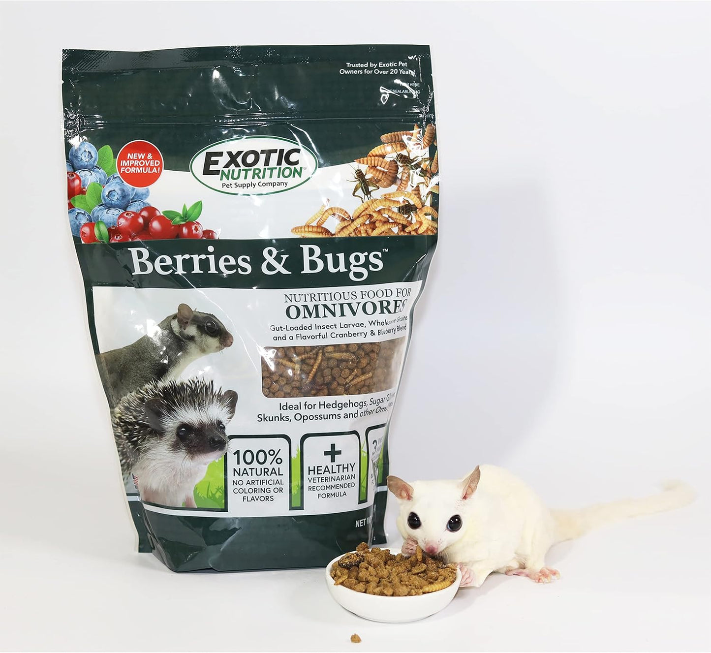 Berries & Bugs 1.5 lb - All Natural High Protein High Fiber Food for Hedgehogs, Skunks, Opossums, Sugar Gliders - Universal Insectivore Diet with Fruit, Gut-Loaded Insects, & Healthy Vitamins
