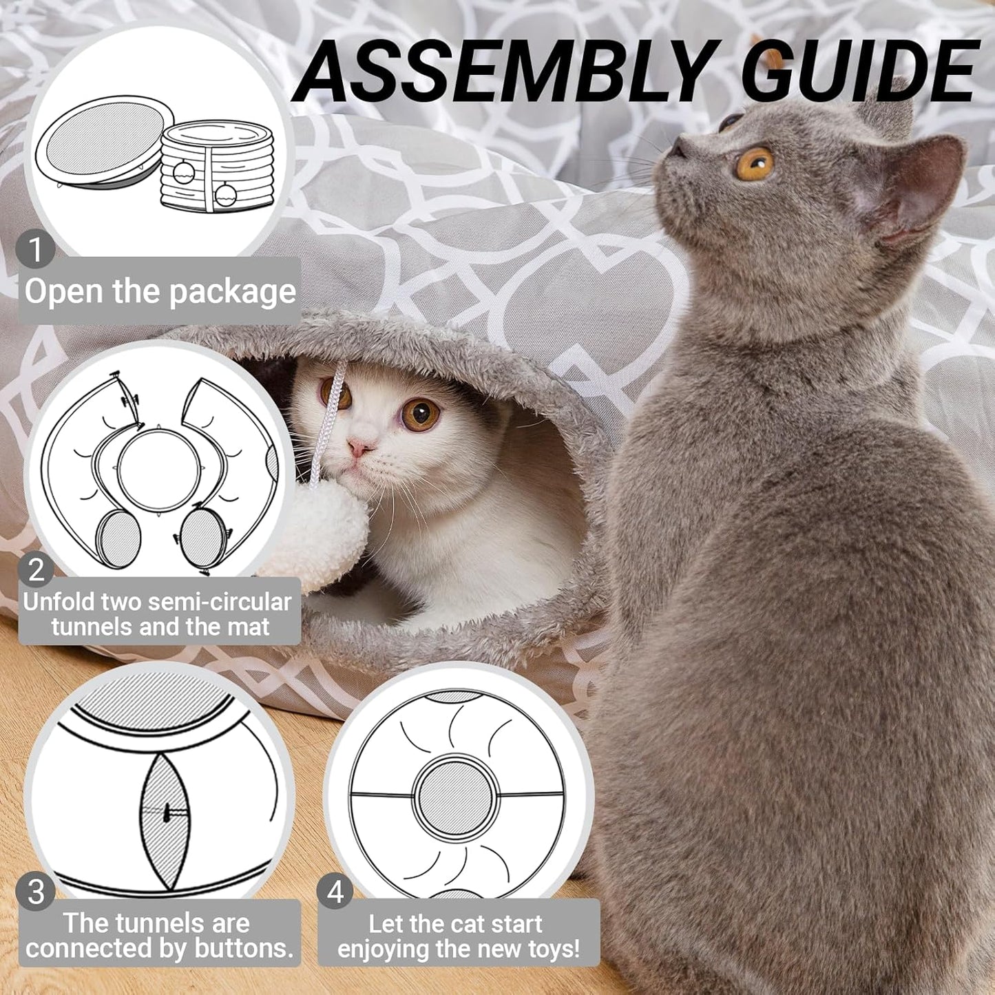 LUCKITTY Geometric Cat Tunnel Bed Oxford Outside with Plush Inside,Cats Toys Collapsible Tunnel Tube with Balls, for Rabbits, Kittens, Ferrets,Puppy 3FT