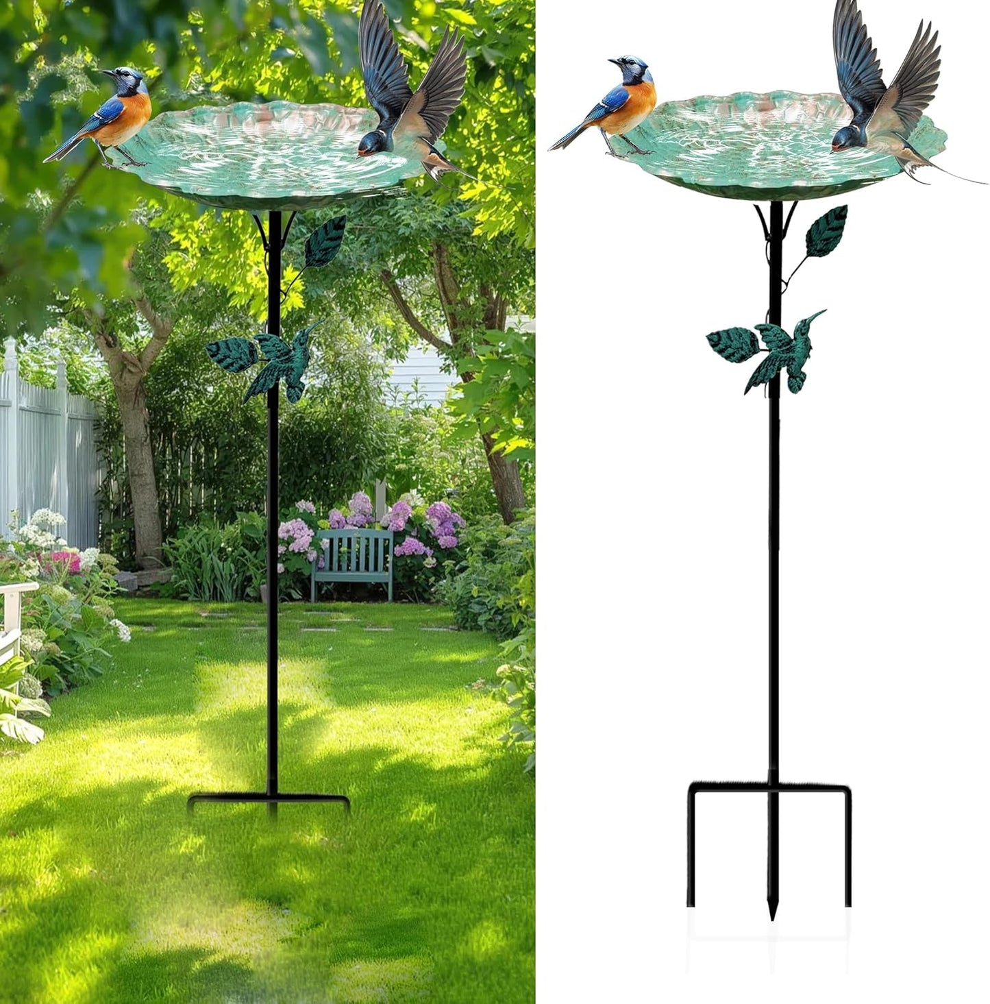 Bird Bath for Outside, Metal Birdbath Freestanding Bird Bath & Birdfeeder with 3-Pronged Base, Using for Outdoors Garden Patio Yard, Green