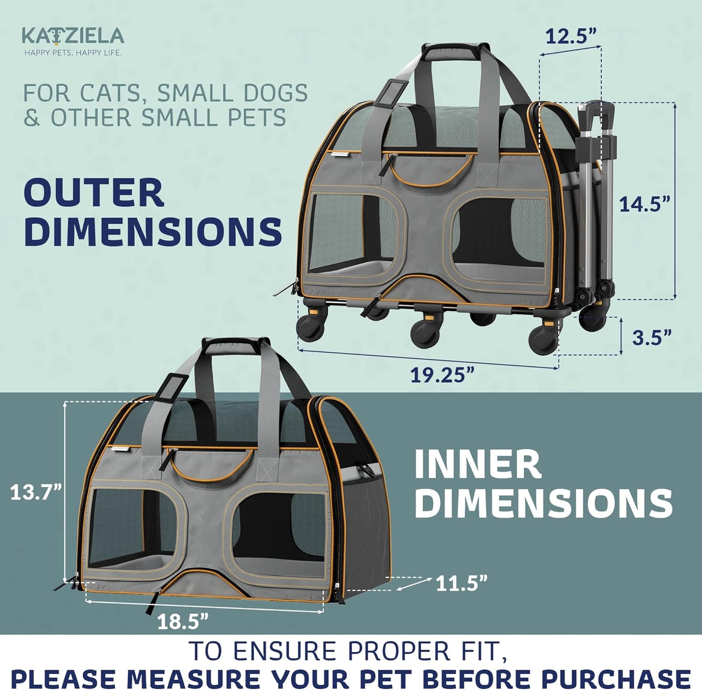 Katziela Rolling Pet Carrier - Airline Compliant with Removable Wheels - TSA Approved for Small Dogs and Cats - Soft FAA Travel Airplane Underseat Wheeled Luggage