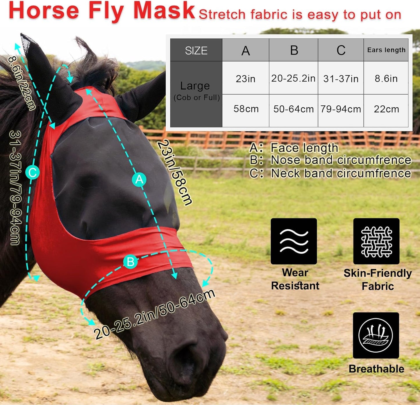 2 Piece Horse Fly Mask with Ears, Comfortable Fit Stretch Fabric Big Eye Space Soft Breathable with UV Protection for Full Horses (Red-Black)