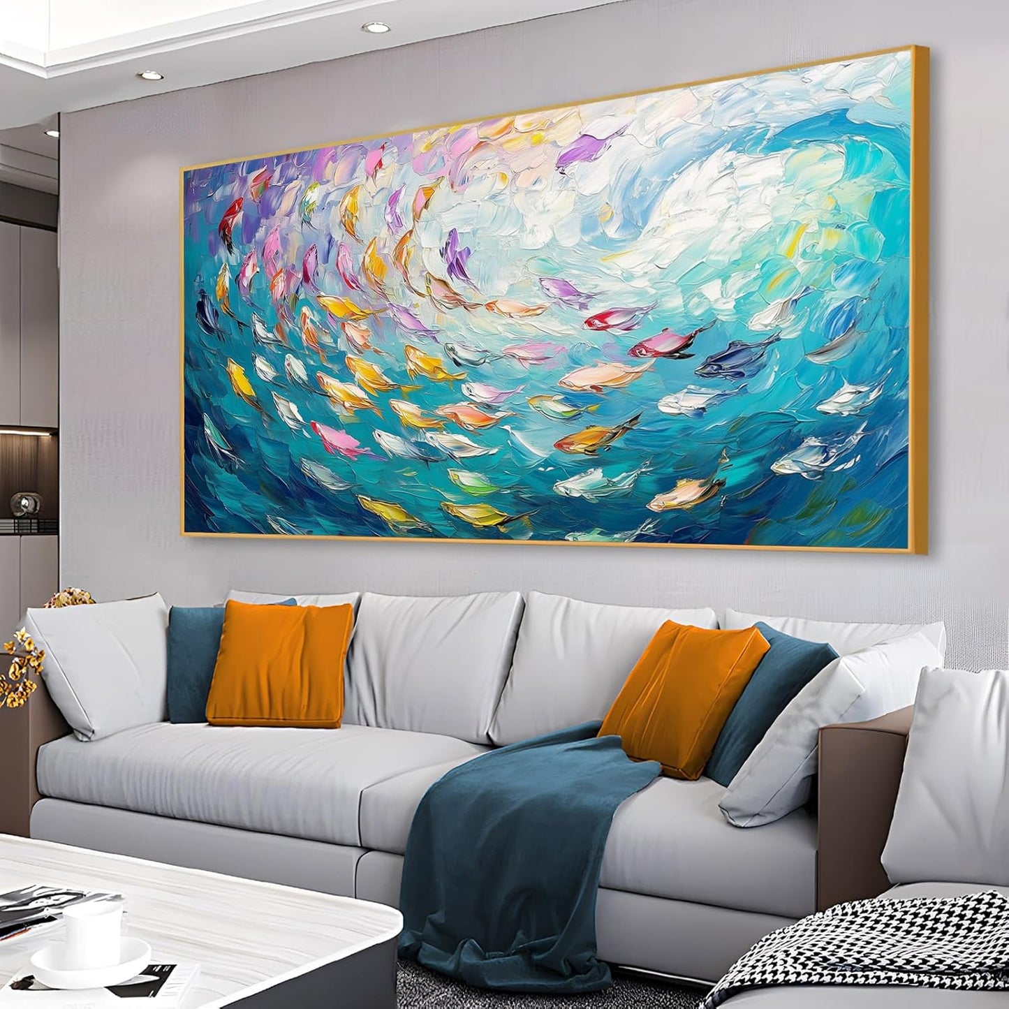 Fish Canvas Wall Art, Abstract School of Fish Canvas Wall Art, School of Fish Painting Canvas, School of Fish Wall Art, Fish Wall Decor, Fish Pictures Wall Decor, Bedroom Canvas Wall Decor (Gold Framed, 48"x27" | 122x68cm)