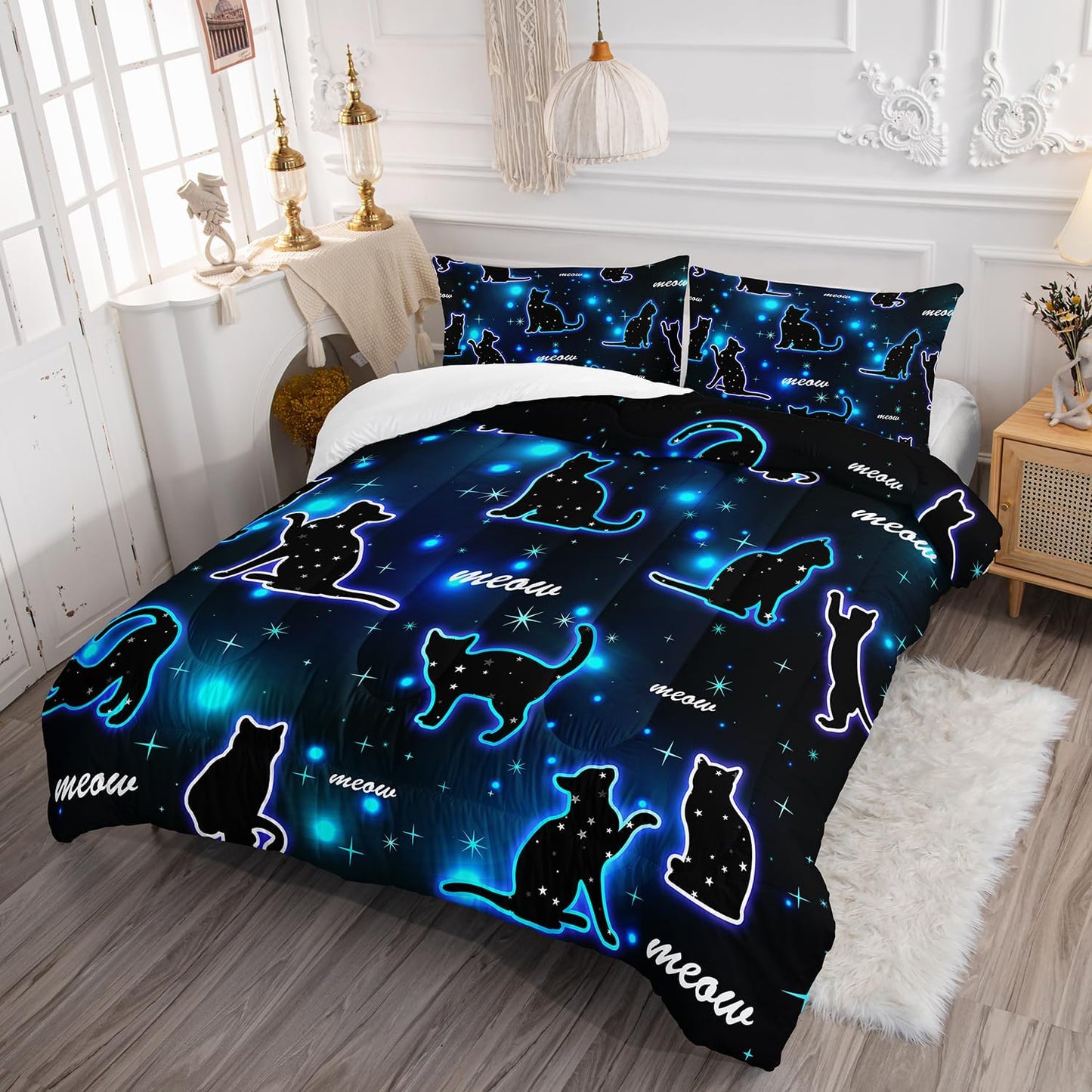 Kawaii Pet Cat Comforter 3Pcs Queen Gradient Line Cute Kitten Animal Bedding Set for Kids Teens Girls Boys Cat Glitter Polka Dots Pattern Quilt Bed Decor with 1 Comforter and 2 Pillowcases