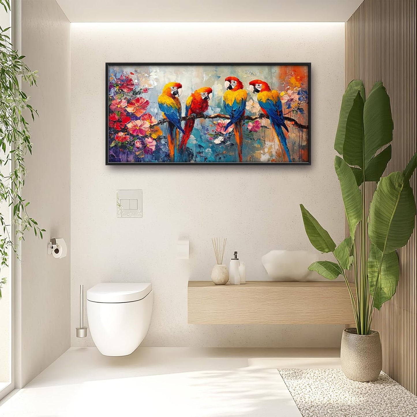 Extra Large Framed Parrot Bird Wall Art,Oversized Abstract Colorful Parrots Flower Wall Decor Pictures for Living Room,Canvas Print Painting Modern Artwork Bedroom Office Bathroom Home Decor 60L x30W