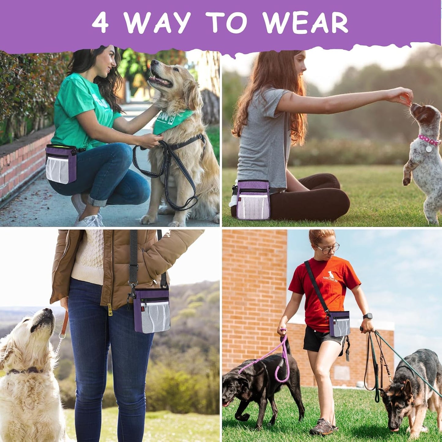 Dog Treat Pouch - 3 Ways to Wear Treat Pouches for Pet Training and 2 Pieces Clicker Taining for Dogs, Dog Training Treat Pouch Bag and Dog Clicker for Training with Waist Belt Shoulder Strap - Purple