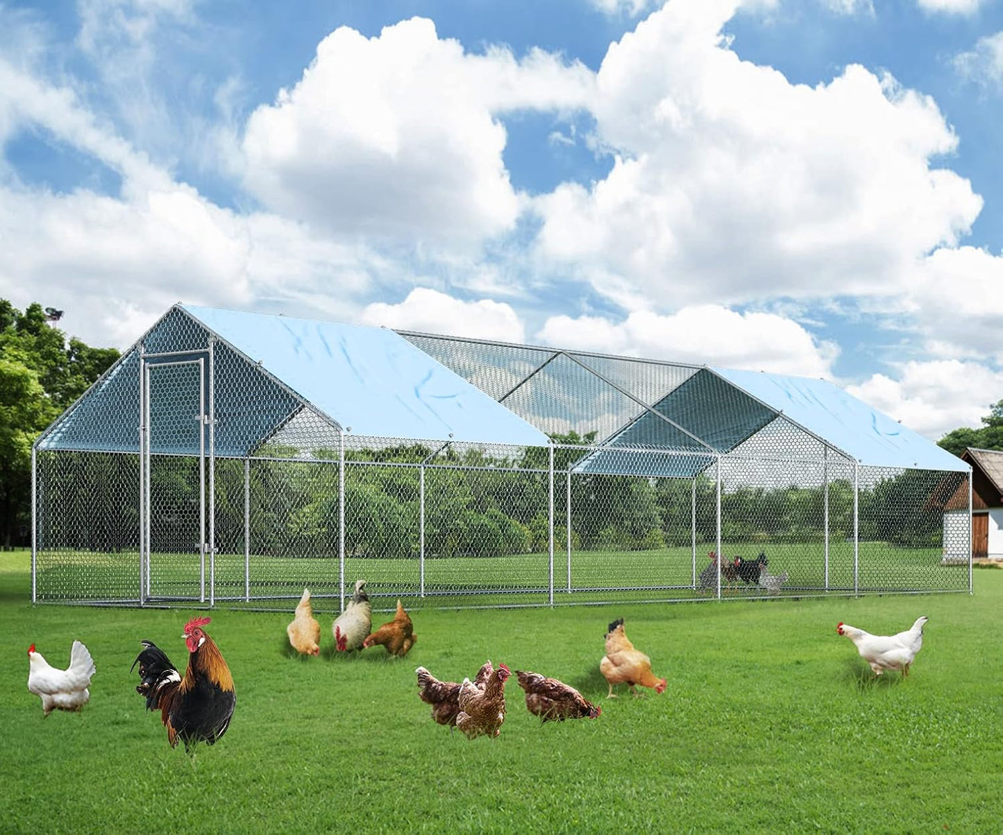 1.26’’ Large Metal Chicken Coop Walk in, Chicken Pen for Chickens, Outdoor Chicken Runs Coops Dog Kennel, Spire Roofed Chicken Runs for Yard with Anti-Ultraviolet Cover (9.8’Lx26.2’Wx6.4’H)