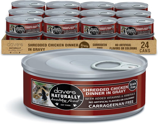 Dave's Pet Food Grain Free Wet Cat Food (Shredded Chicken in Gravy), Made in Canada Naturally Healthy Canned, Added Vitamins & Minerals, Wheat & Gluten-Free, GMO-Free, 5.5oz (24 Pack)