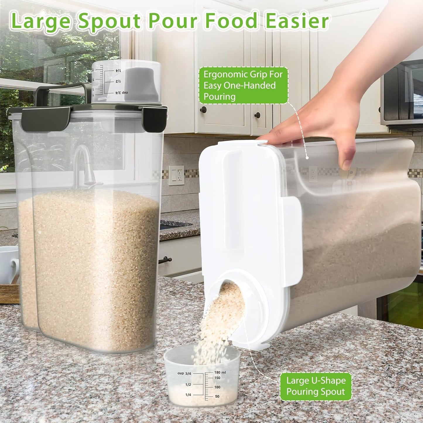 Rice Storage Container, 5 to 10lb Dry Food Airtight Dispenser, Pet Dog Cat Food Canister, BPA Free Clear Plastic Kitchen and Pantry Organization Bin for Oatmeal, Grain, Cereal, Pasta, Flour