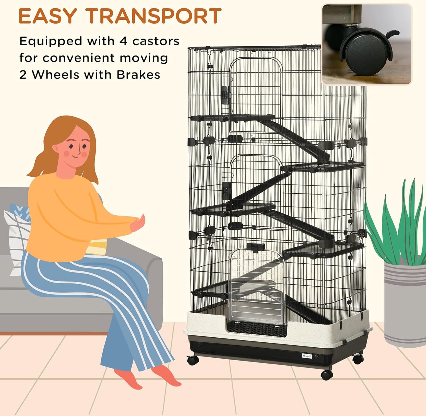 PawHut 59.5" Small Animal Cage with Wheels, 6-Level Portable Bunny Cage, Chinchilla Ferret Cage with Removable Tray, Platform and Ramp