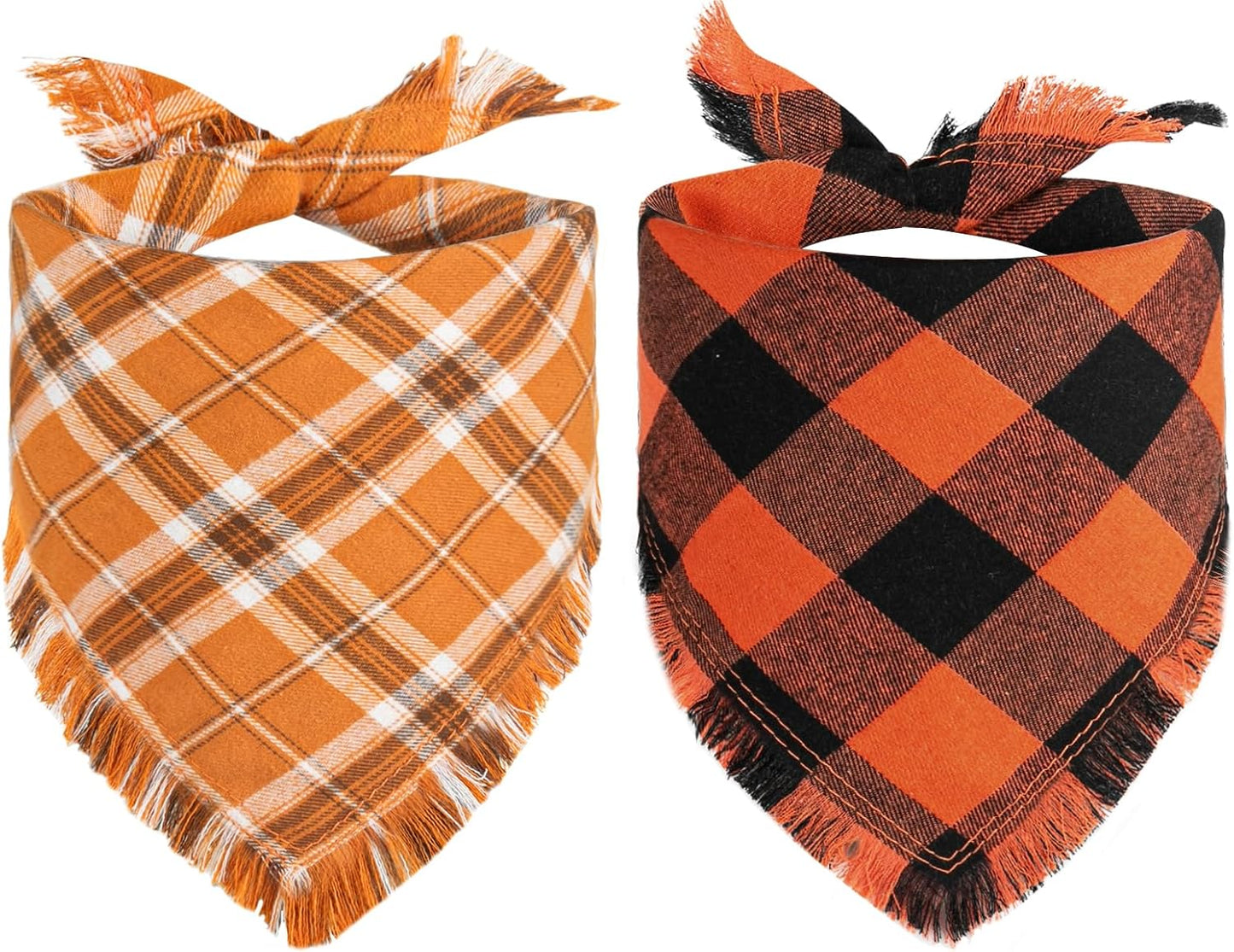 Kytely Fall Dog Bandana, 2Pack Halloween Dog Bandanas, Thanksgiving Classic Plaid Pet Scarf with Tassels Edges for Boy and Girl, Pet Apparel & Accessories Costume for Medium Large Dogs